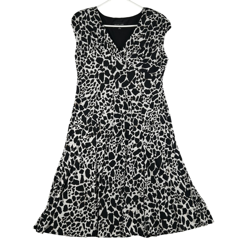 Black Label By Evan-Picone Dress Womens 10 Black Animal Print Fit Flare V-Neck